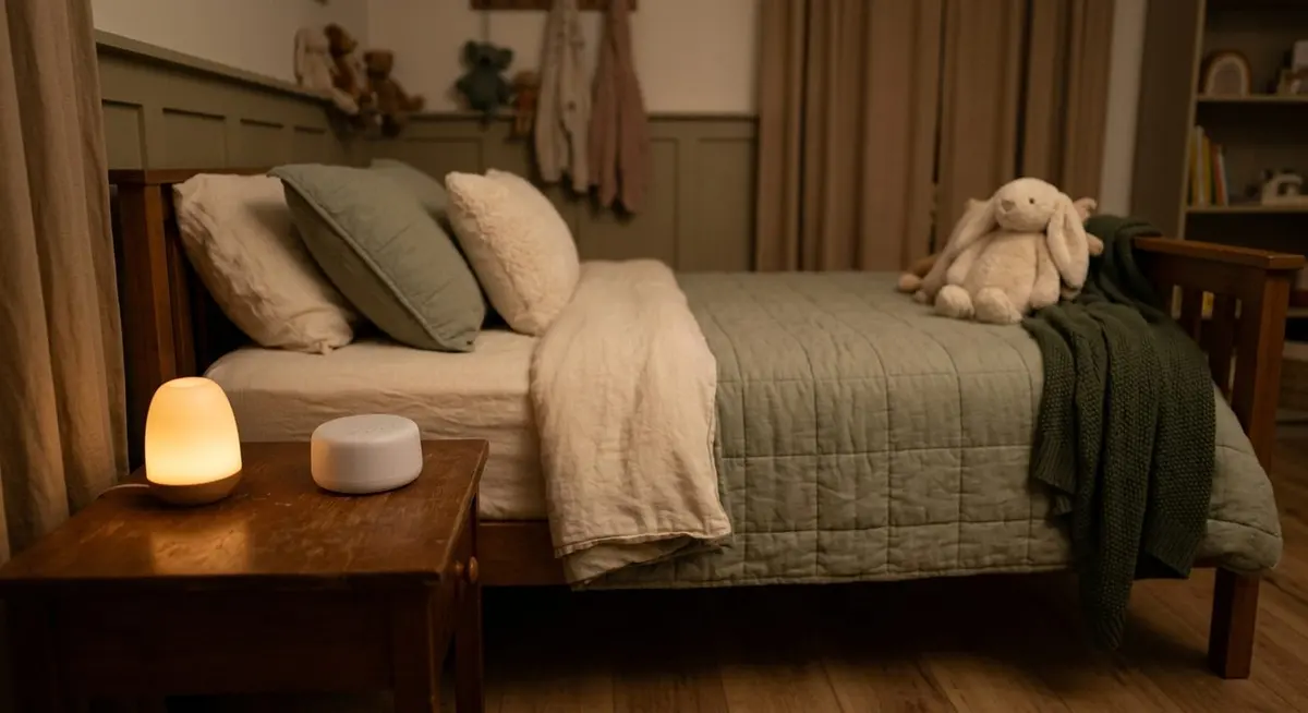 A child's bed at night with a small warm-glowing night light and a sound machine on the nightstand