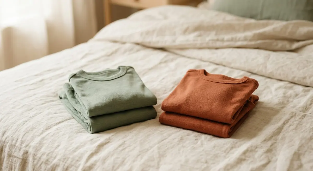 Two neatly folded children's pyjama sets, one sage green and one terracotta, side by side on a cream linen surface