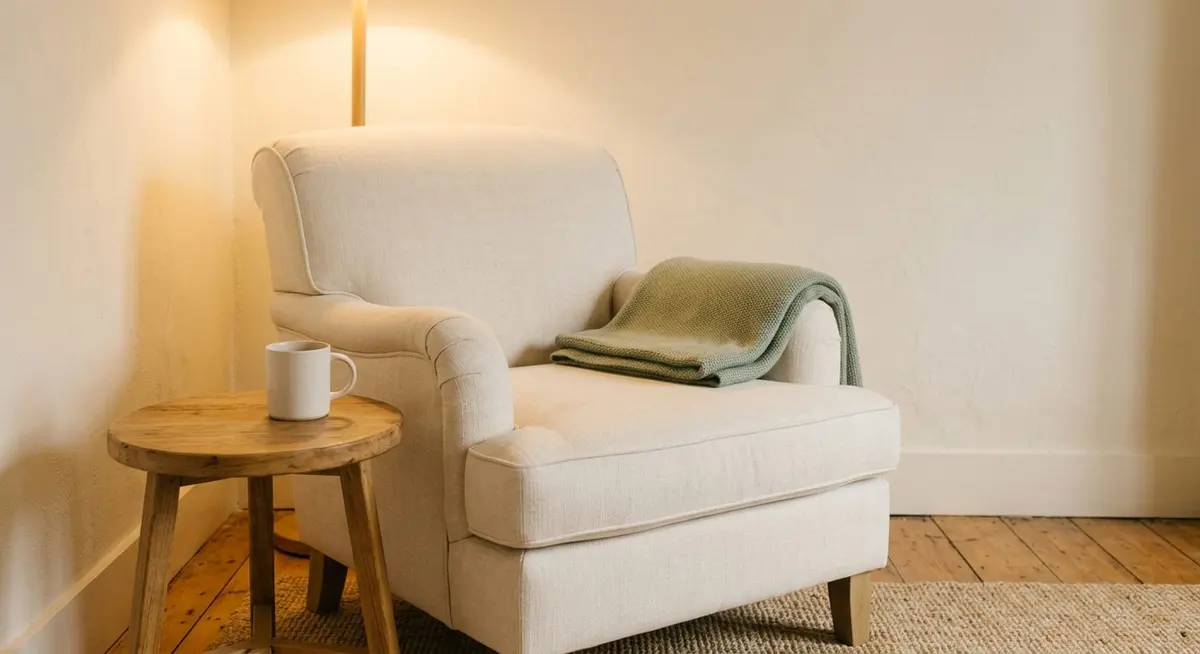 A cosy reading corner in a child's room with a small armchair, a floor lamp and a low stack of picture books