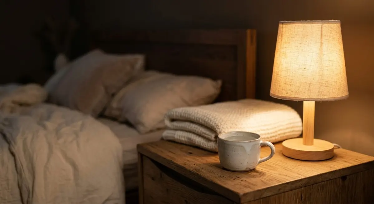 A small ceramic cup of water on a wooden nightstand beside a warm lamp at night