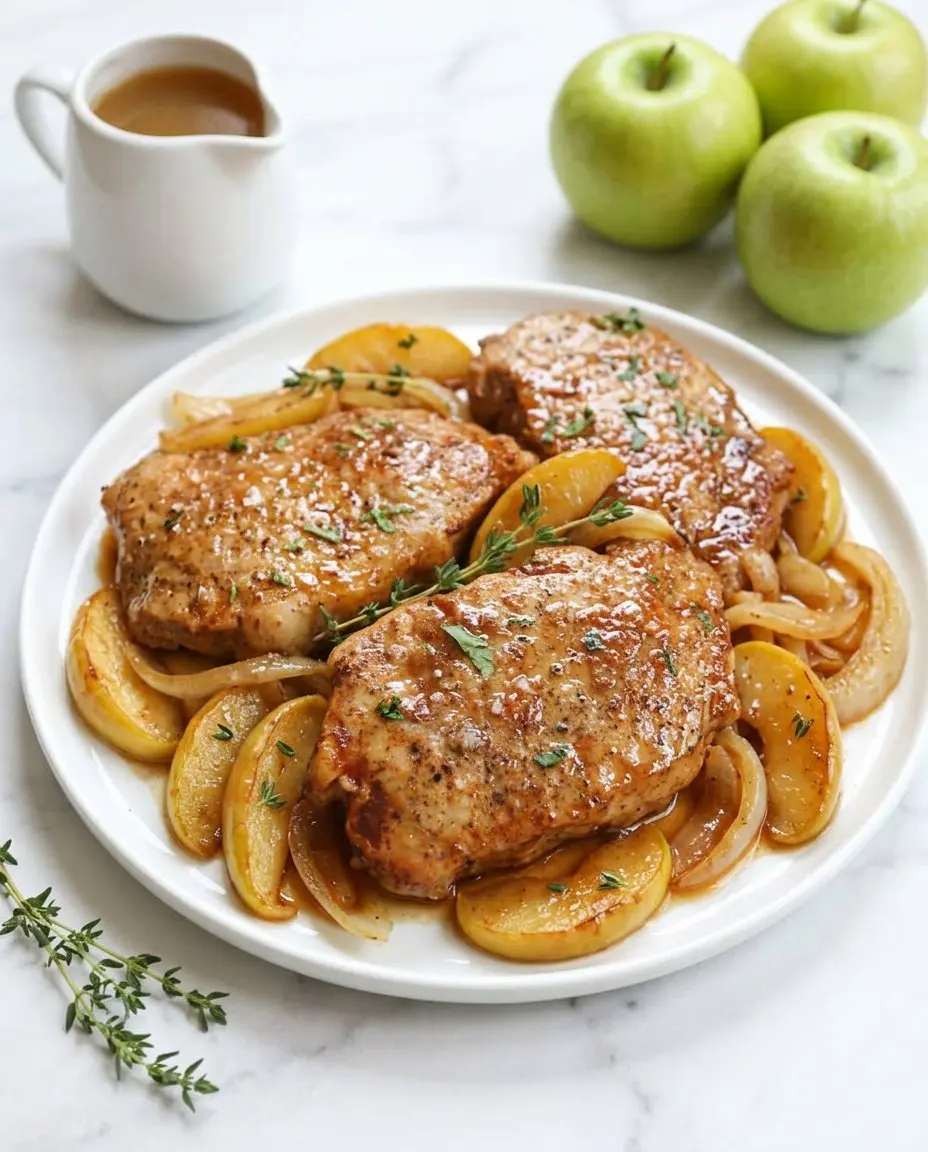 Slow cooker pork chops with apples and onions served on a white ceramic platter on a marble surface with fresh thyme and a jug of chicken stock
