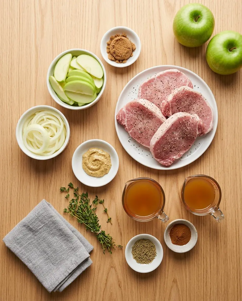 Ingredients for slow cooker pork chops with apples laid out on a wooden table: pork chops, apples, onions, brown sugar, mustard, chicken stock, rosemary, thyme