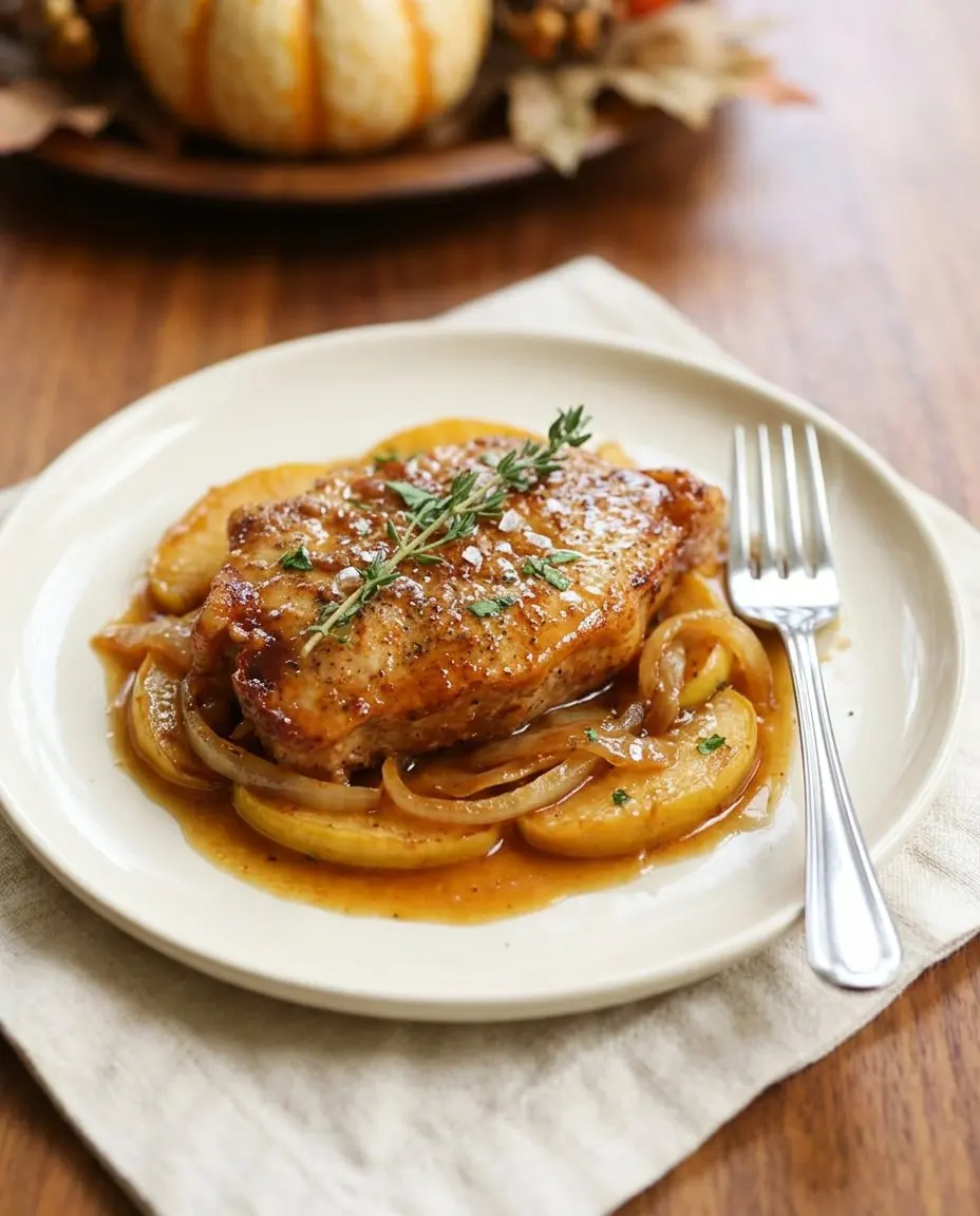 A single slow cooker pork chop on a cream plate with apple-onion glaze, thyme, and sea salt flakes