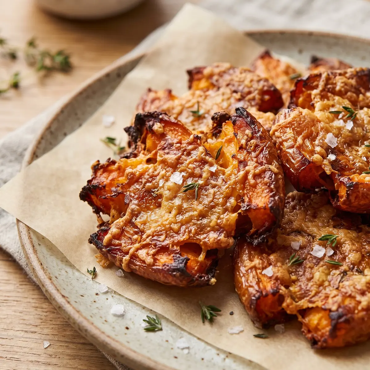 A close-up detail of Crispy Smashed Carrots