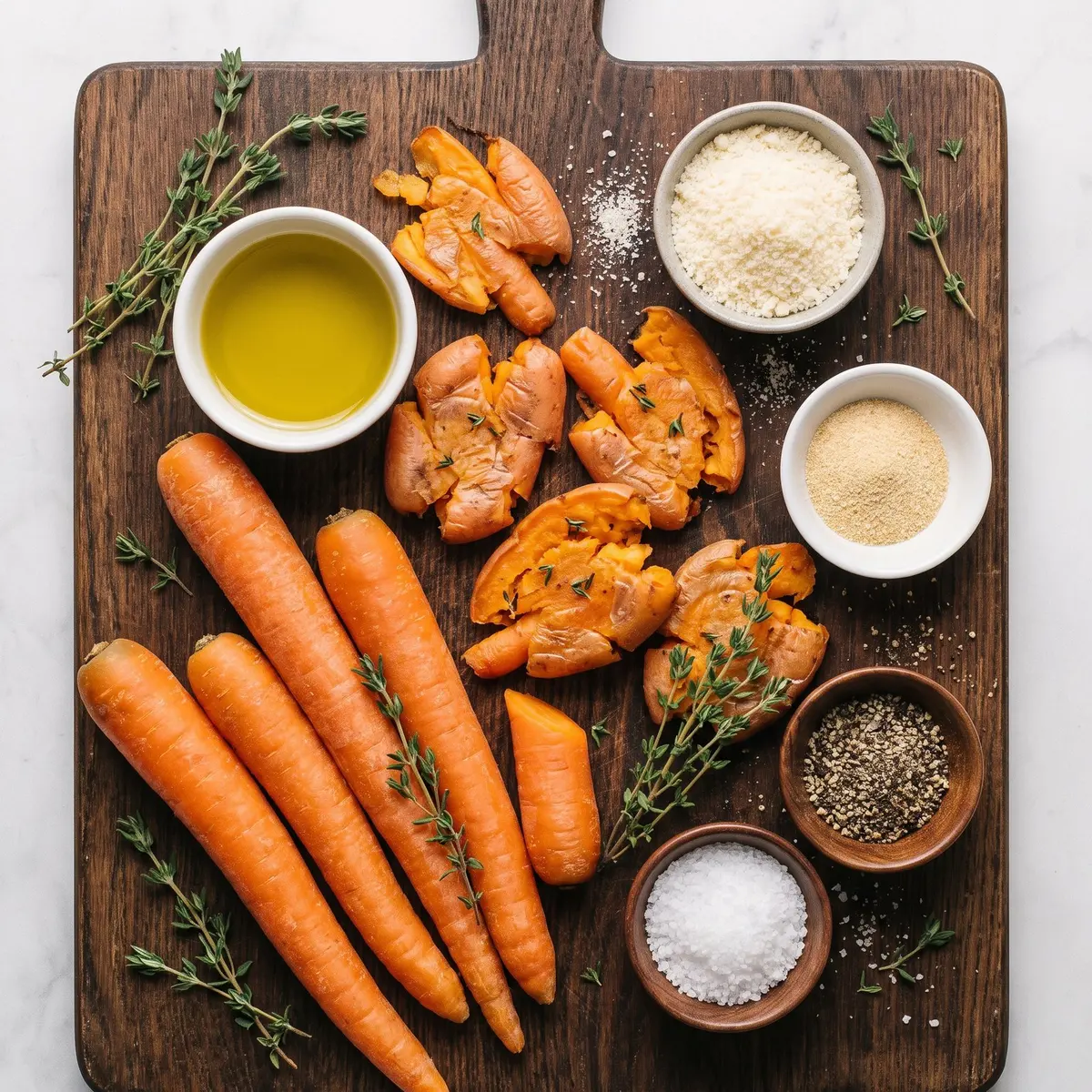 Fresh ingredients for Crispy Smashed Carrots arranged on a wood cutting board