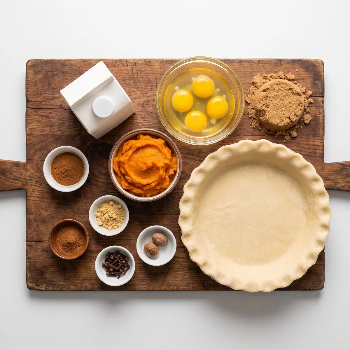 Fresh ingredients for Pumpkin Pie arranged on a wood cutting board