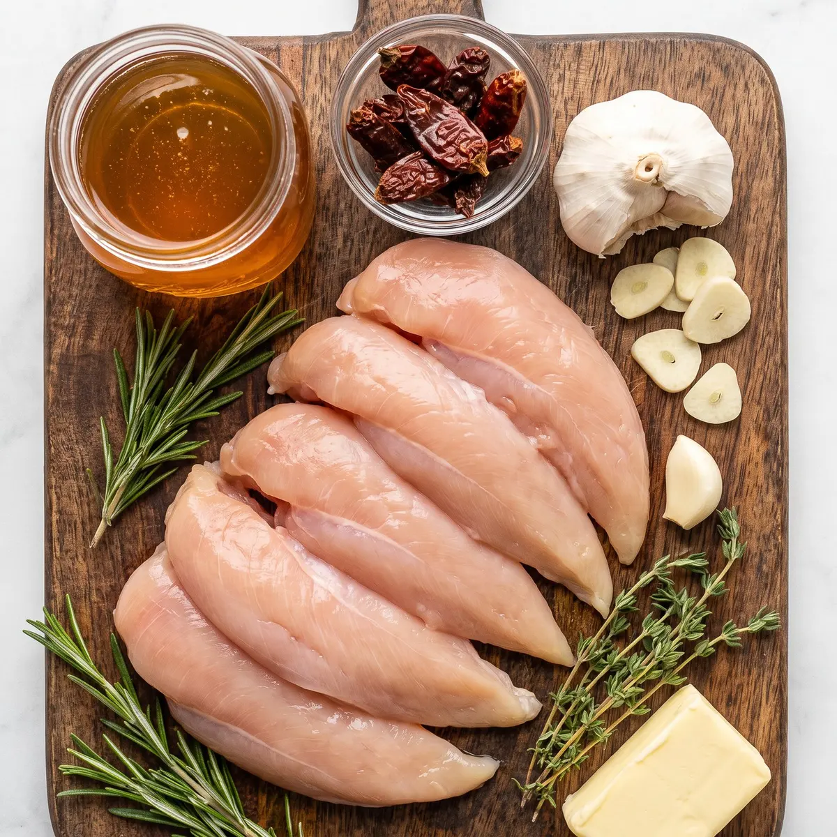 Fresh ingredients for Hot Honey Chicken arranged on a wood cutting board