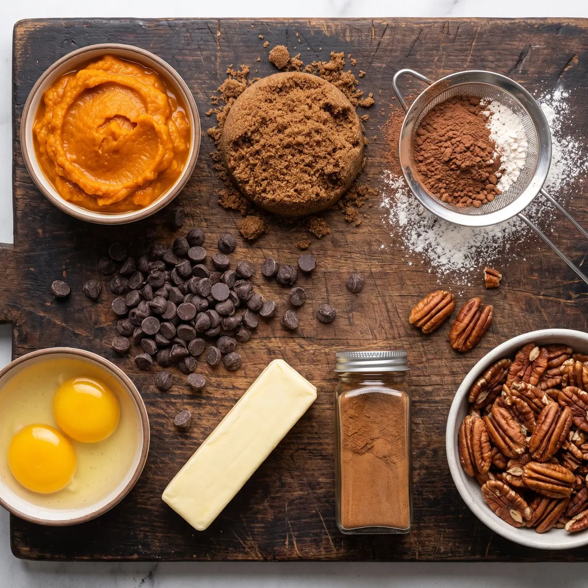 Fresh ingredients for Pumpkin Brownies arranged on a wood cutting board