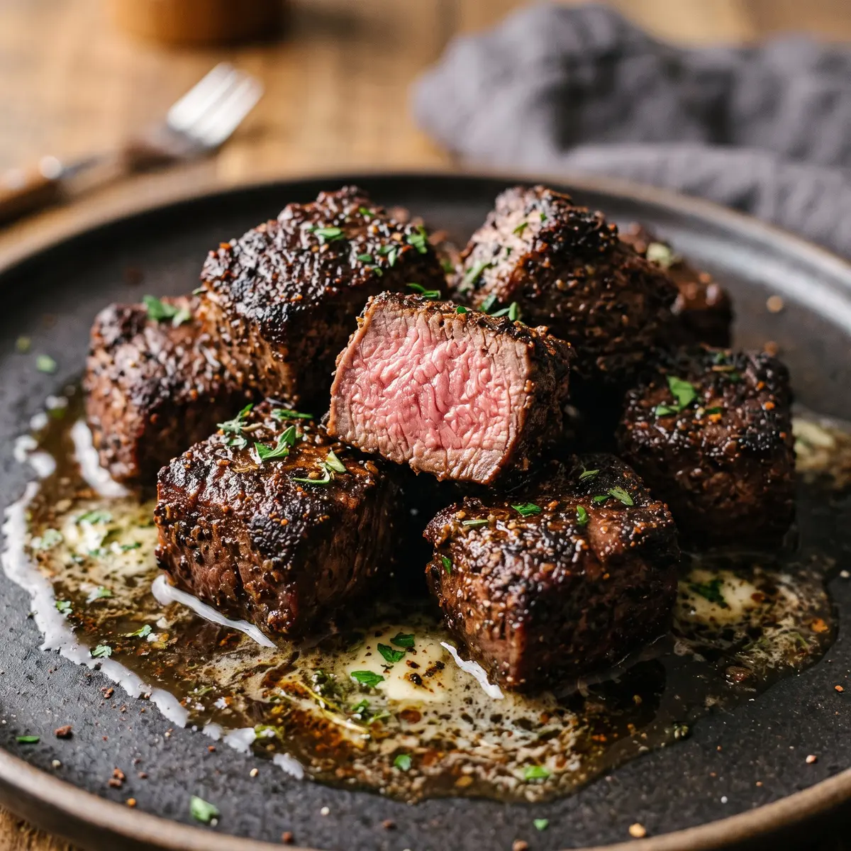 A close-up detail of Coffee Rubbed Steak Bites