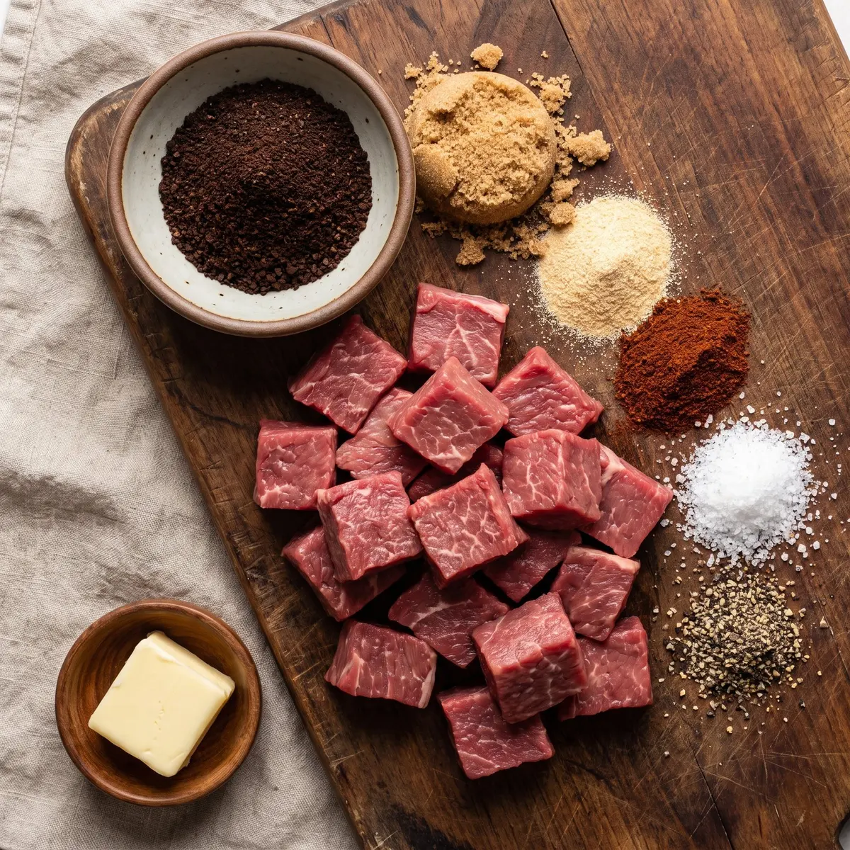 Fresh ingredients for Coffee Rubbed Steak Bites arranged on a wood cutting board