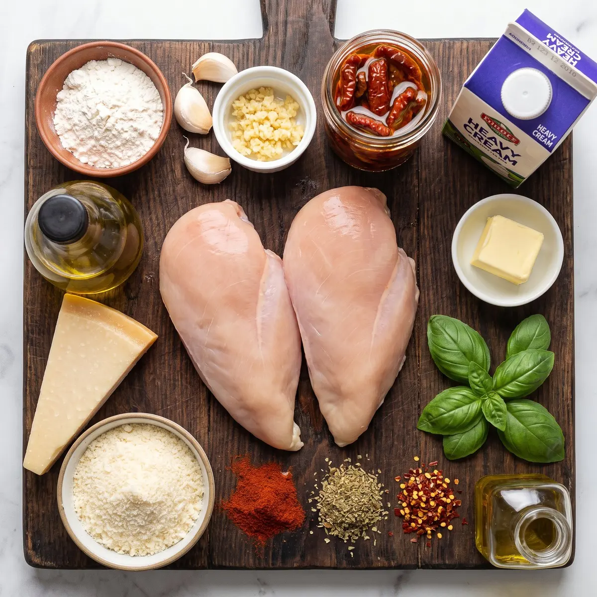 Fresh ingredients for Marry Me Chicken arranged on a wood cutting board