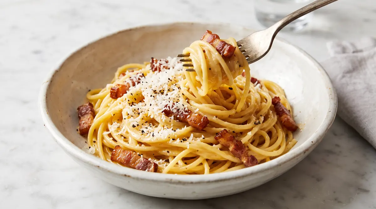 A spread of Italian pasta dishes on a marble surface, including carbonara, rigatoni alla vodka, fresh basil, parmesan, and cherry tomatoes