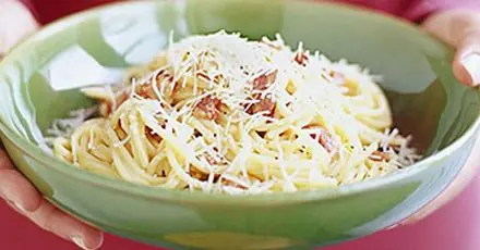 A bowl of spaghetti carbonara with crispy pancetta, egg yolk sauce, and freshly cracked black pepper