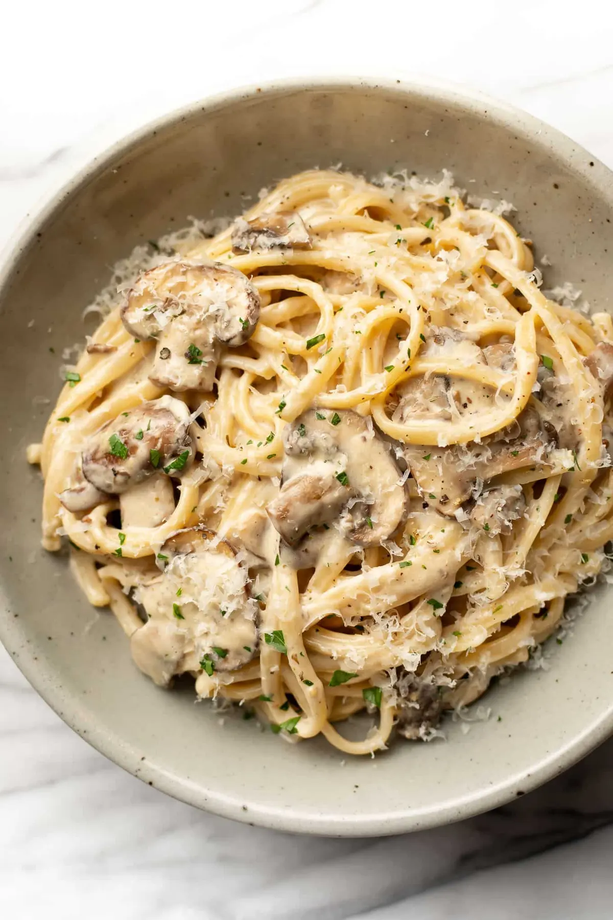 A bowl of creamy mushroom pasta with golden-brown cremini mushrooms in a parmesan cream sauce