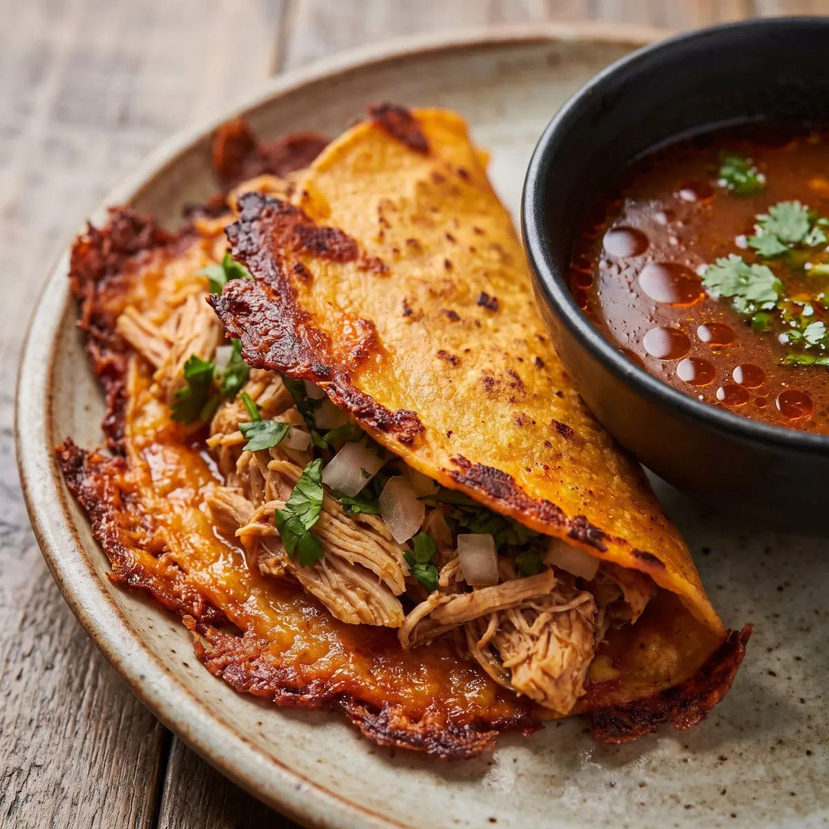 A close-up detail of Chicken Birria Tacos