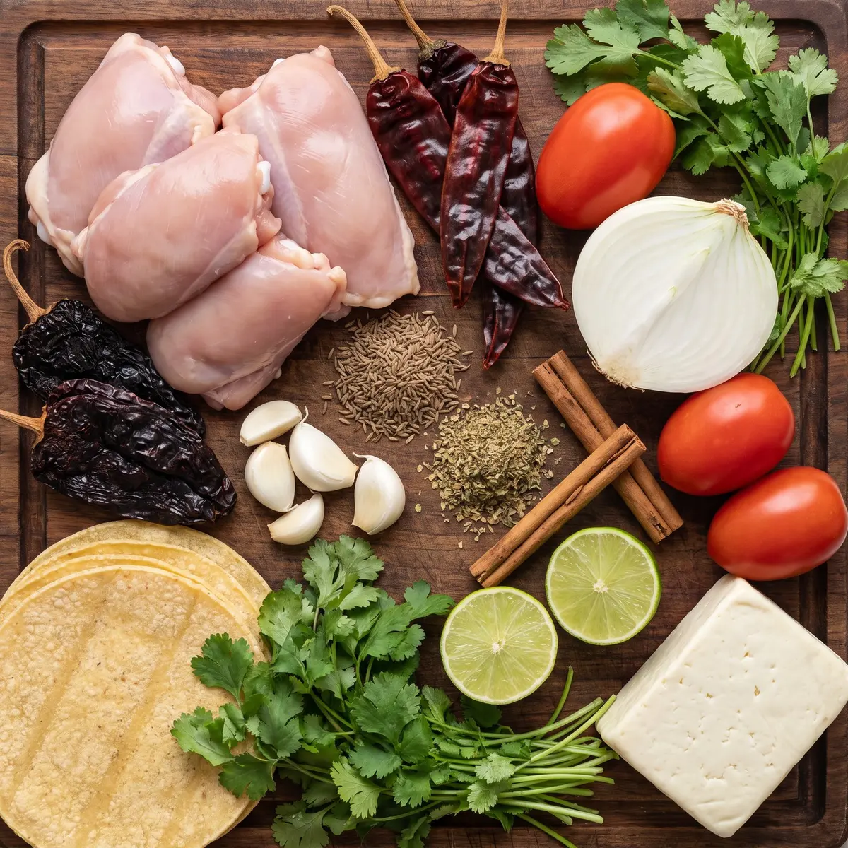 Fresh ingredients for Chicken Birria Tacos arranged on a wood cutting board