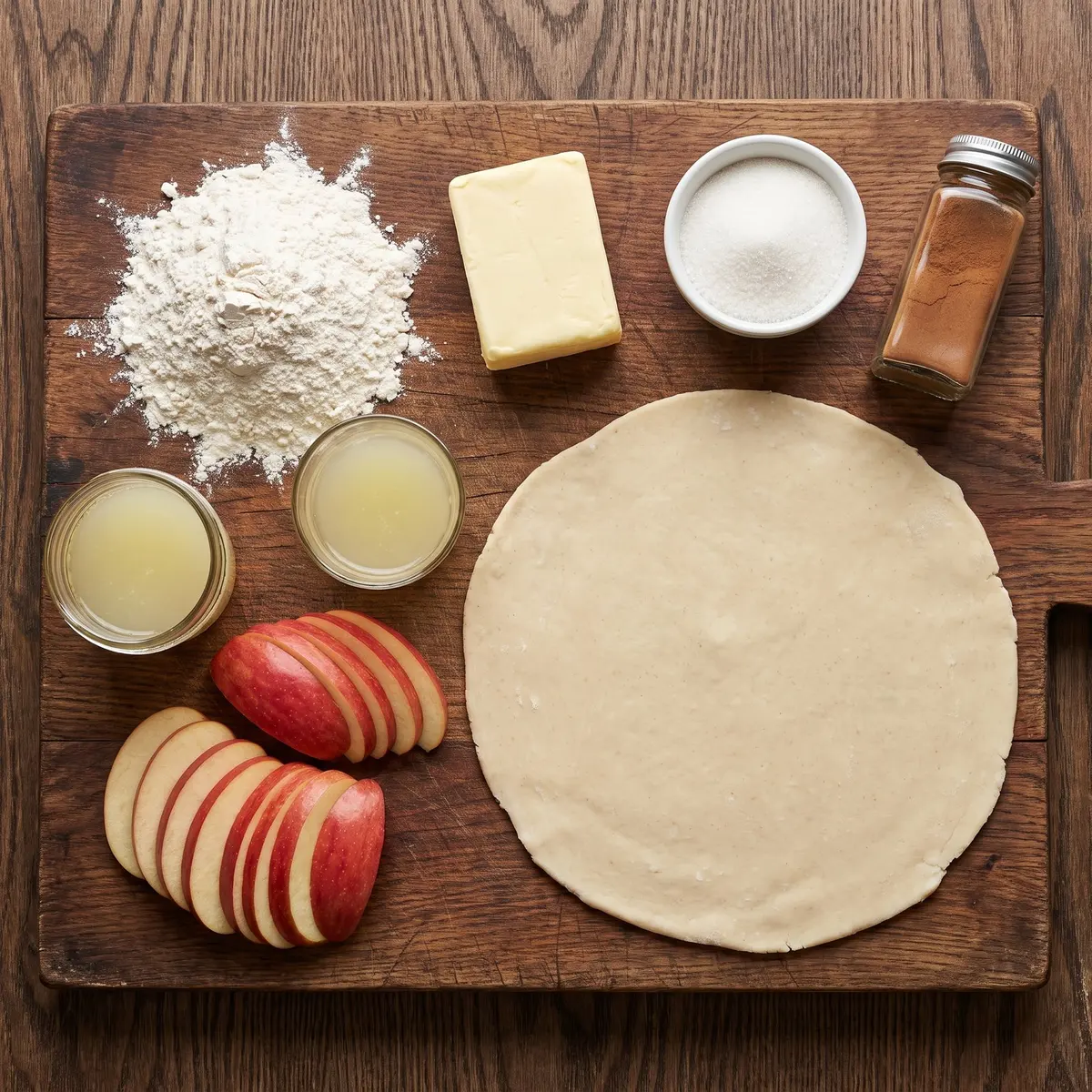 Fresh ingredients for Apple Galette arranged on a wood cutting board
