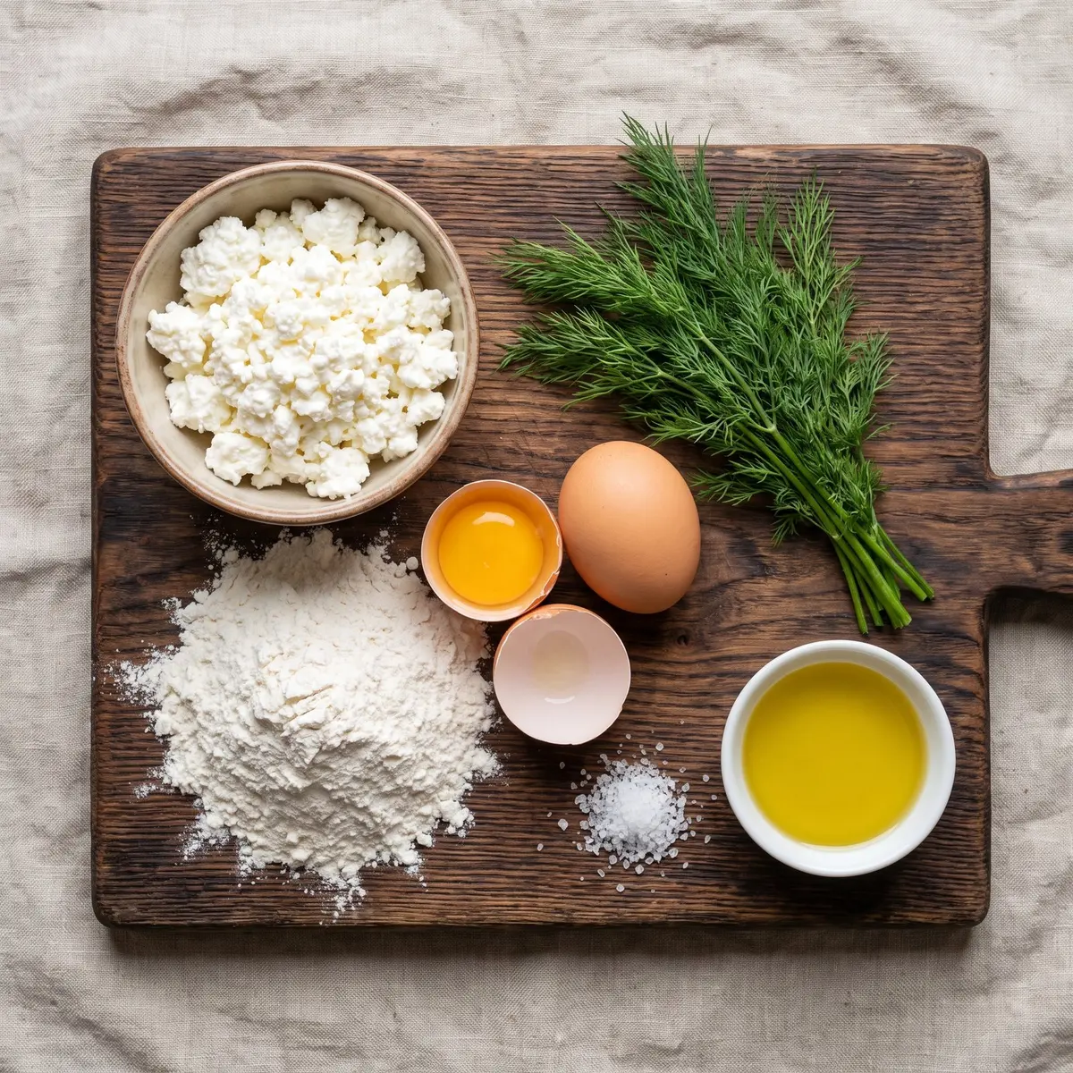 Fresh ingredients for Cottage Cheese Flatbread arranged on a wood cutting board