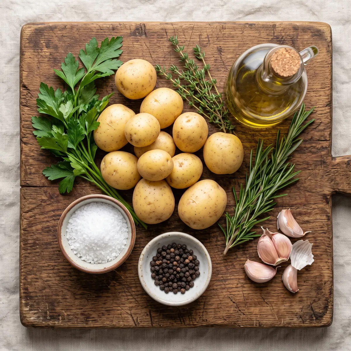 Fresh ingredients for Air Fryer Smashed Potatoes arranged on a wood cutting board