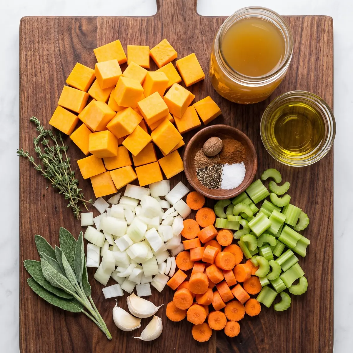 Fresh ingredients for Butternut Squash Soup arranged on a wood cutting board