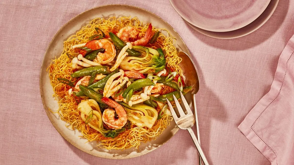 Crispy Noodles with Coconut Shrimp and Vegetables