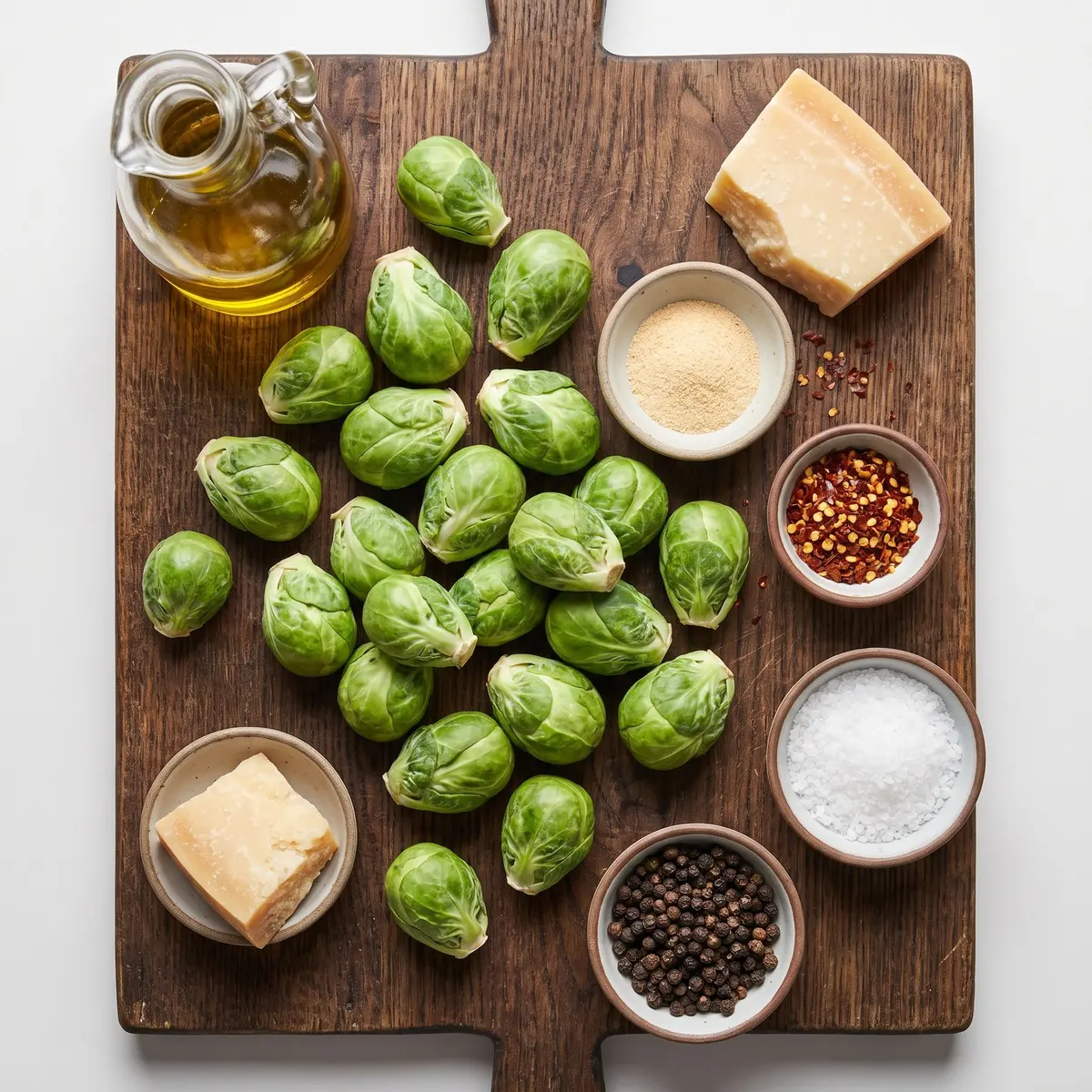 Fresh ingredients for Smashed Brussels Sprouts arranged on a wood cutting board