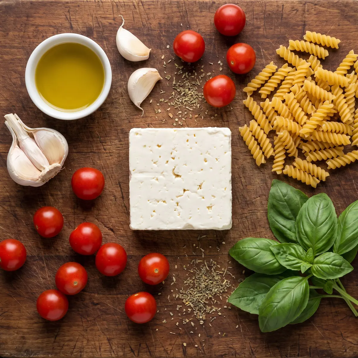 Fresh ingredients for Baked Feta Pasta arranged on a wood cutting board