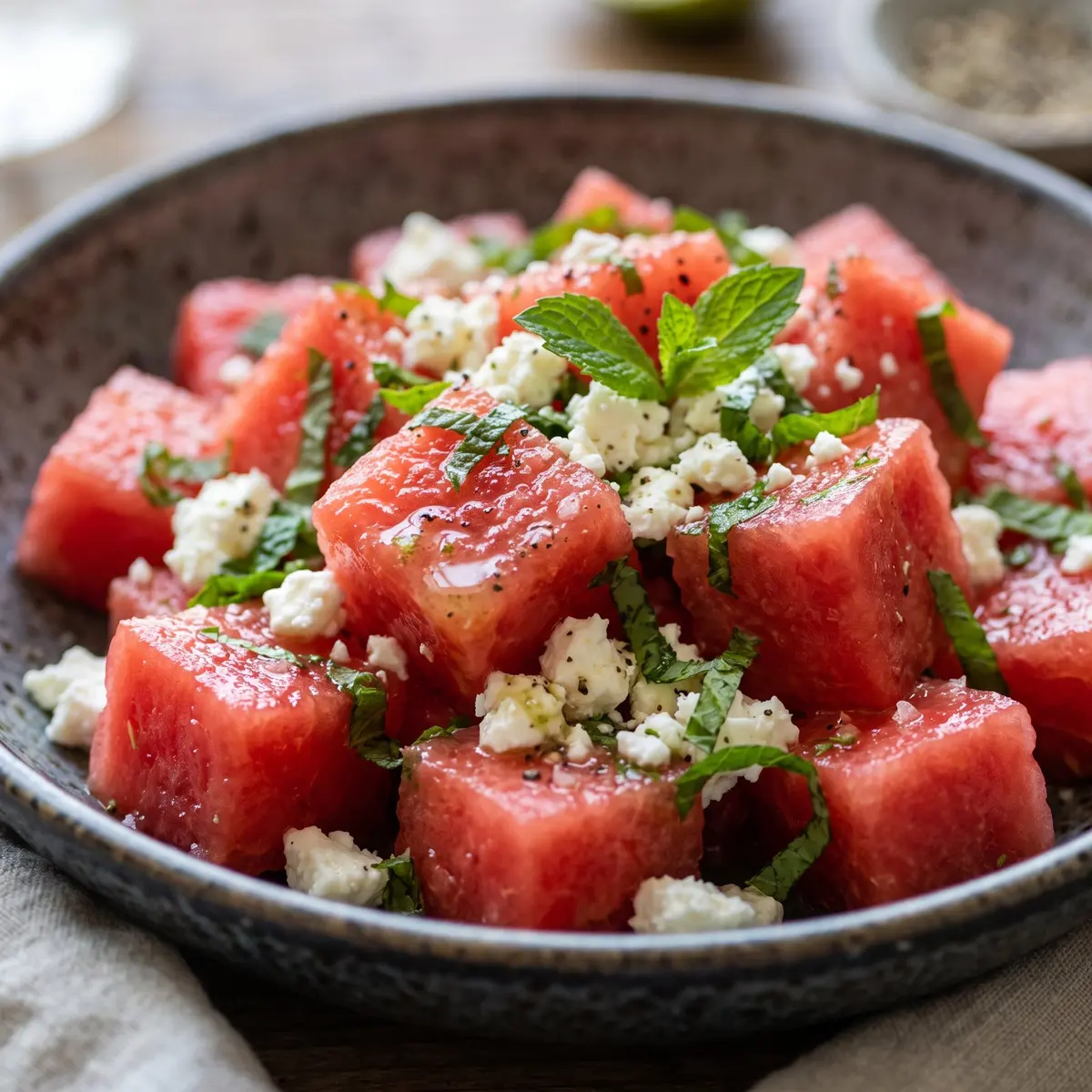 A close-up detail of Watermelon Feta Salad