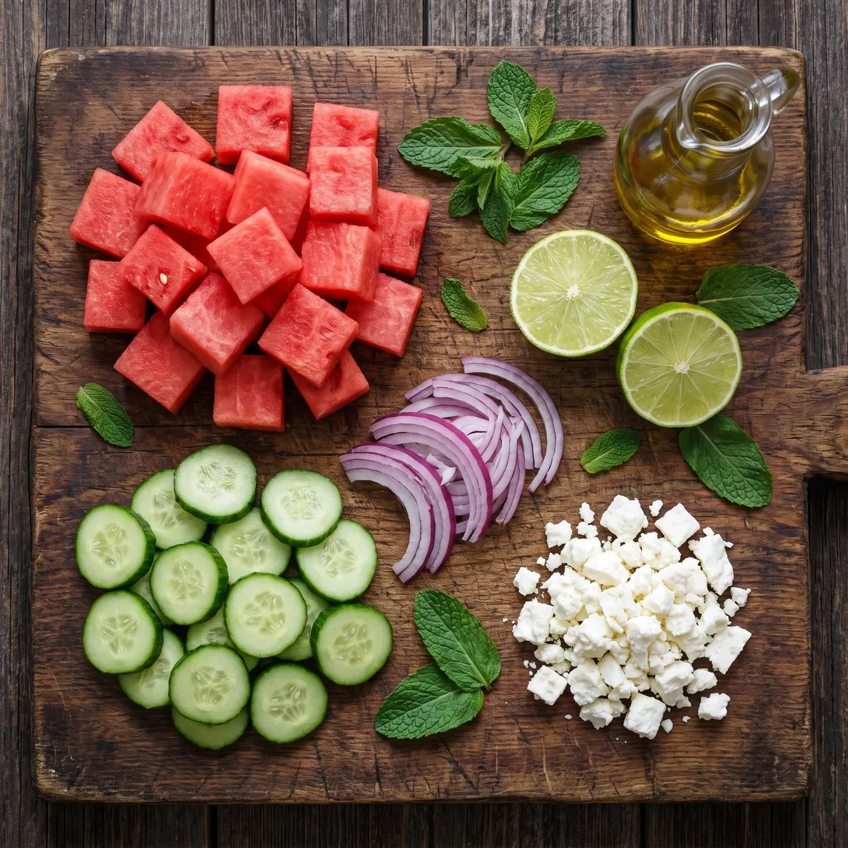 Fresh ingredients for Watermelon Feta Salad arranged on a wood cutting board