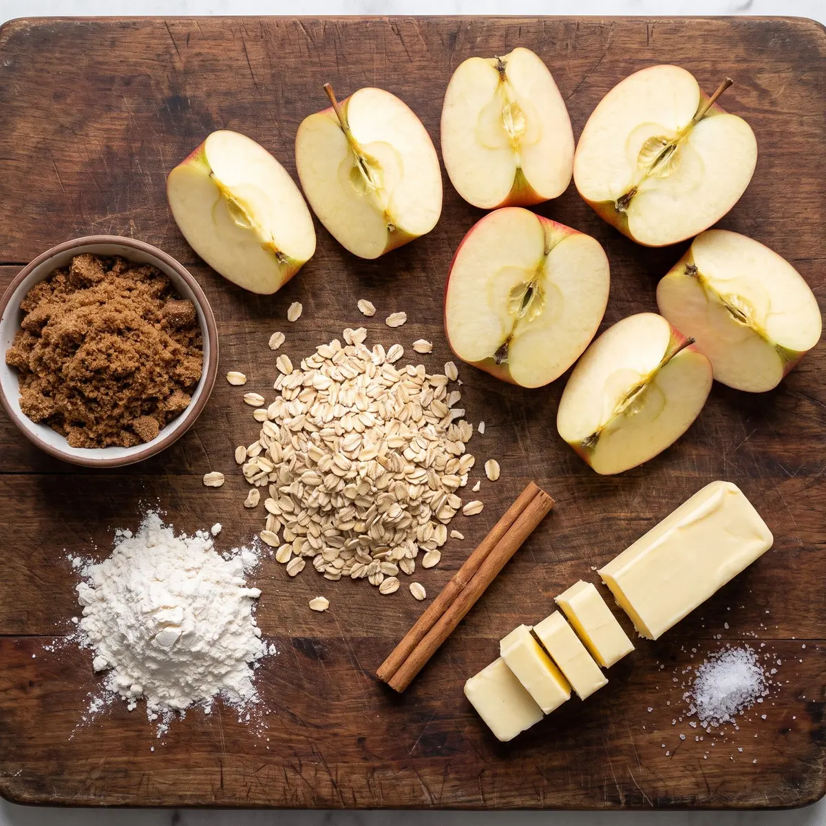 Fresh ingredients for Classic Apple Crisp arranged on a wood cutting board