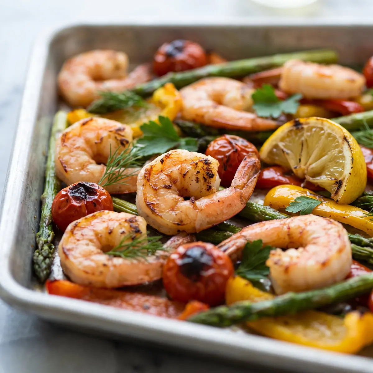 A close-up detail of Sheet Pan Shrimp