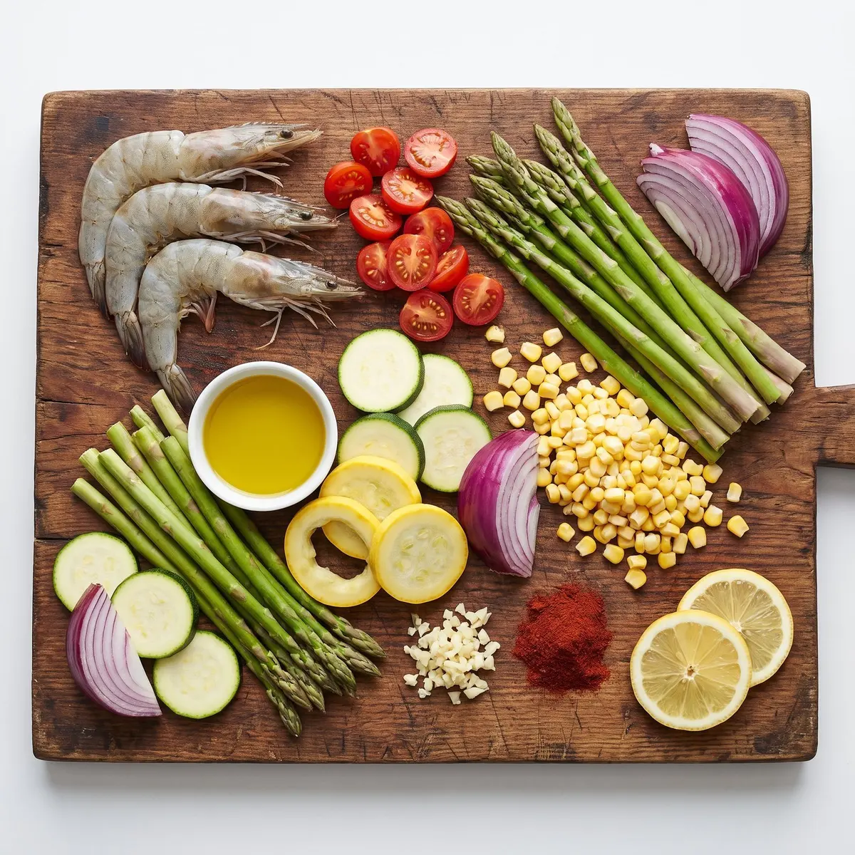 Fresh ingredients for Sheet Pan Shrimp arranged on a wood cutting board