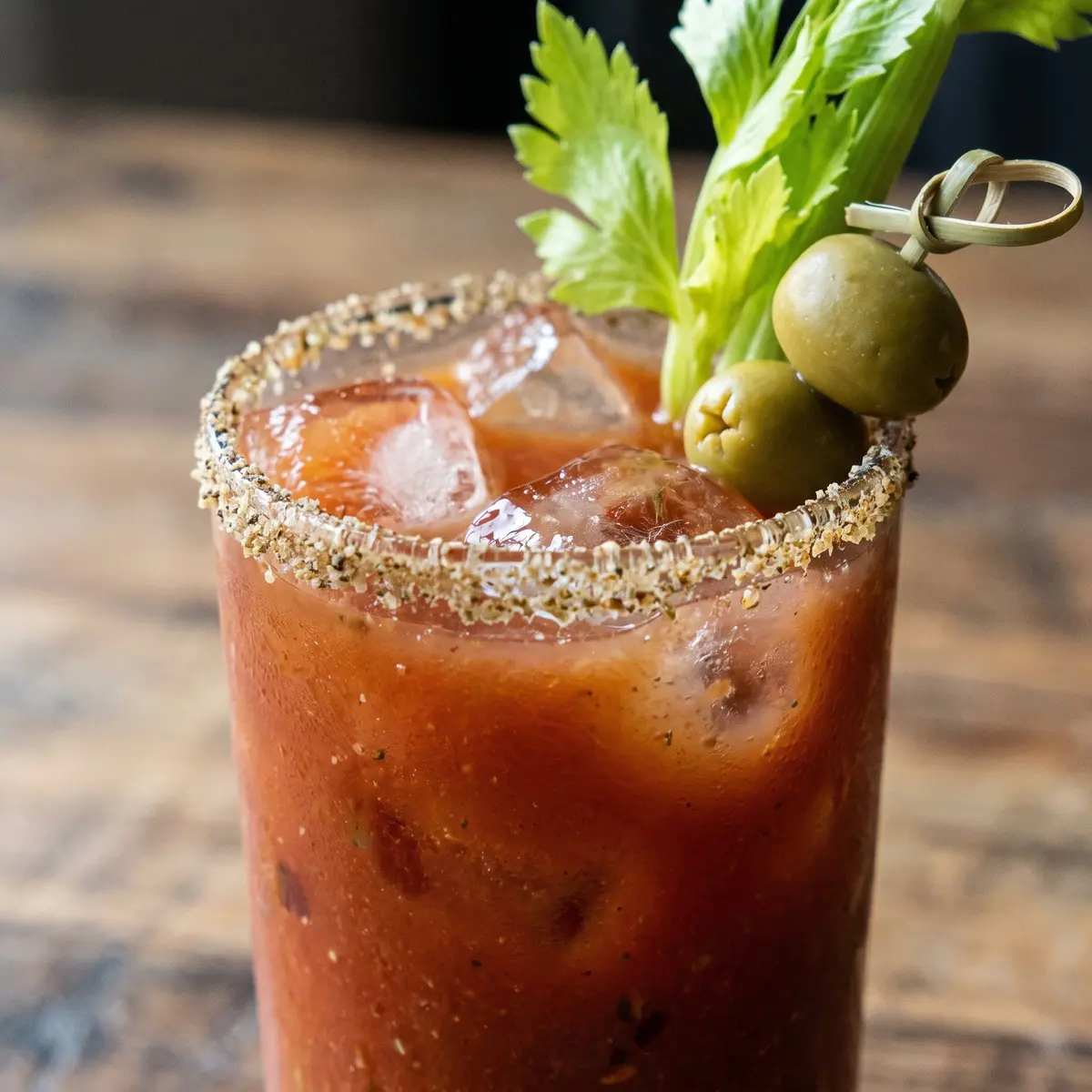 A close-up serving of Classic Bloody Mary Cocktail