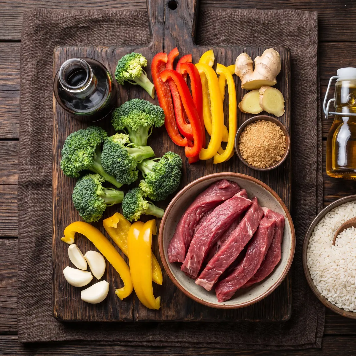 Fresh ingredients for Beef Stir Fry arranged on a wood cutting board