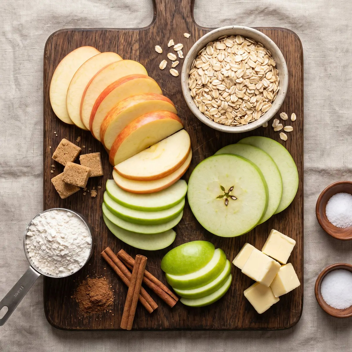 Fresh ingredients for Apple Crisp arranged on a wood cutting board
