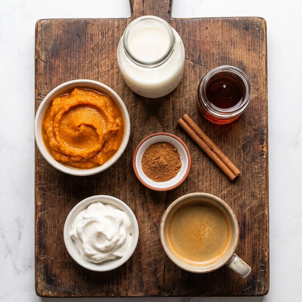 Fresh ingredients for Homemade Pumpkin Spice Latte arranged on a wood cutting board