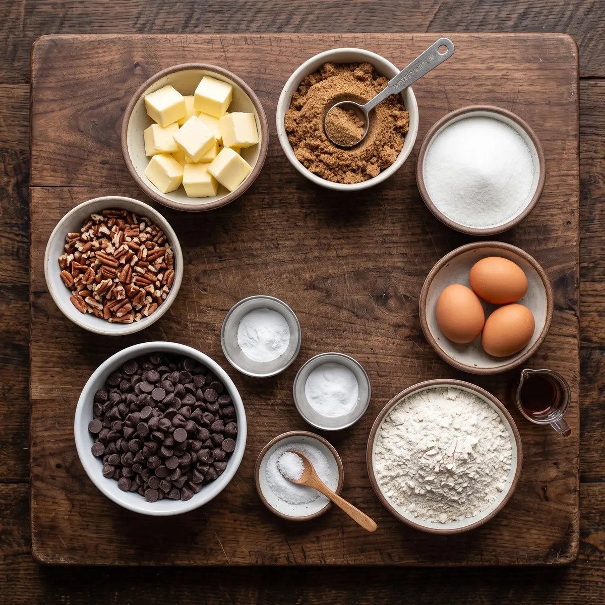 Fresh ingredients for Brown Butter Chocolate Chip Cookies arranged on a wood cutting board