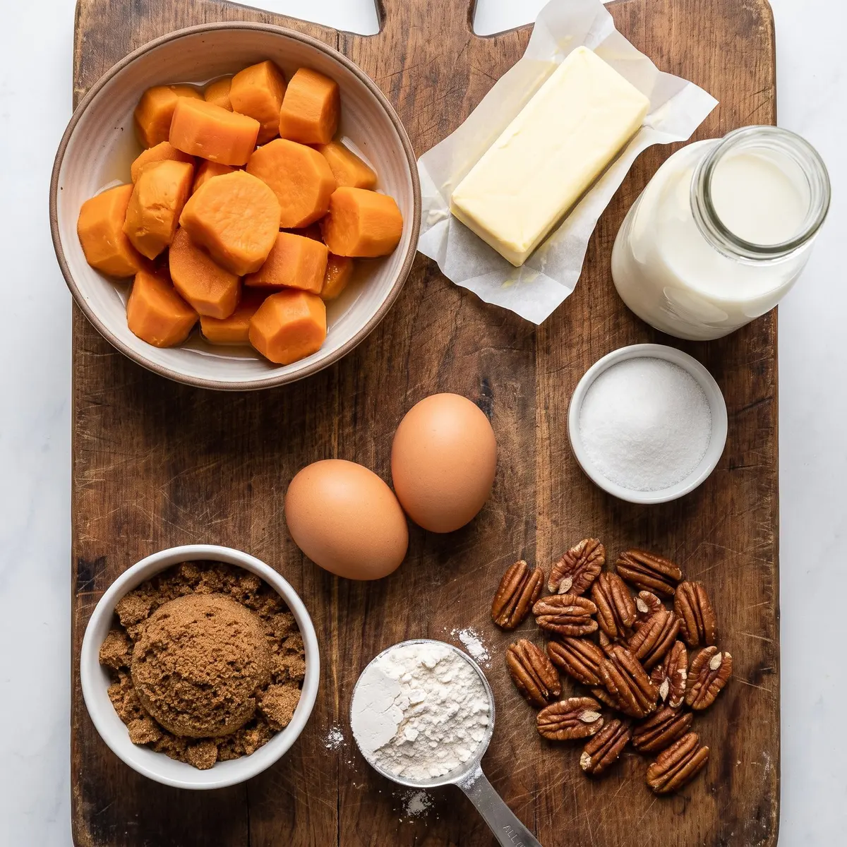 Fresh ingredients for Sweet Potato Casserole arranged on a wood cutting board