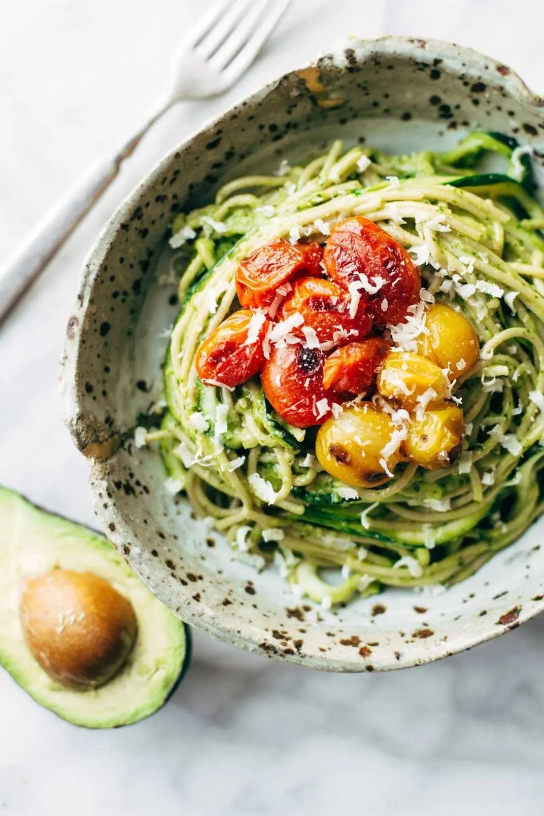 Burst Tomato and Zucchini Spaghetti with Avocado Sauce Recipe