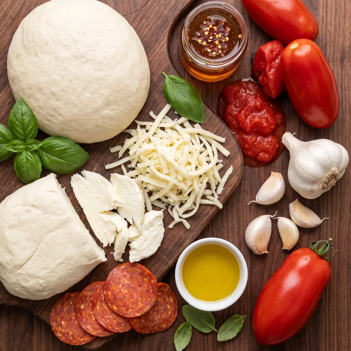 Fresh ingredients for Hot Honey Pizza arranged on a wood cutting board