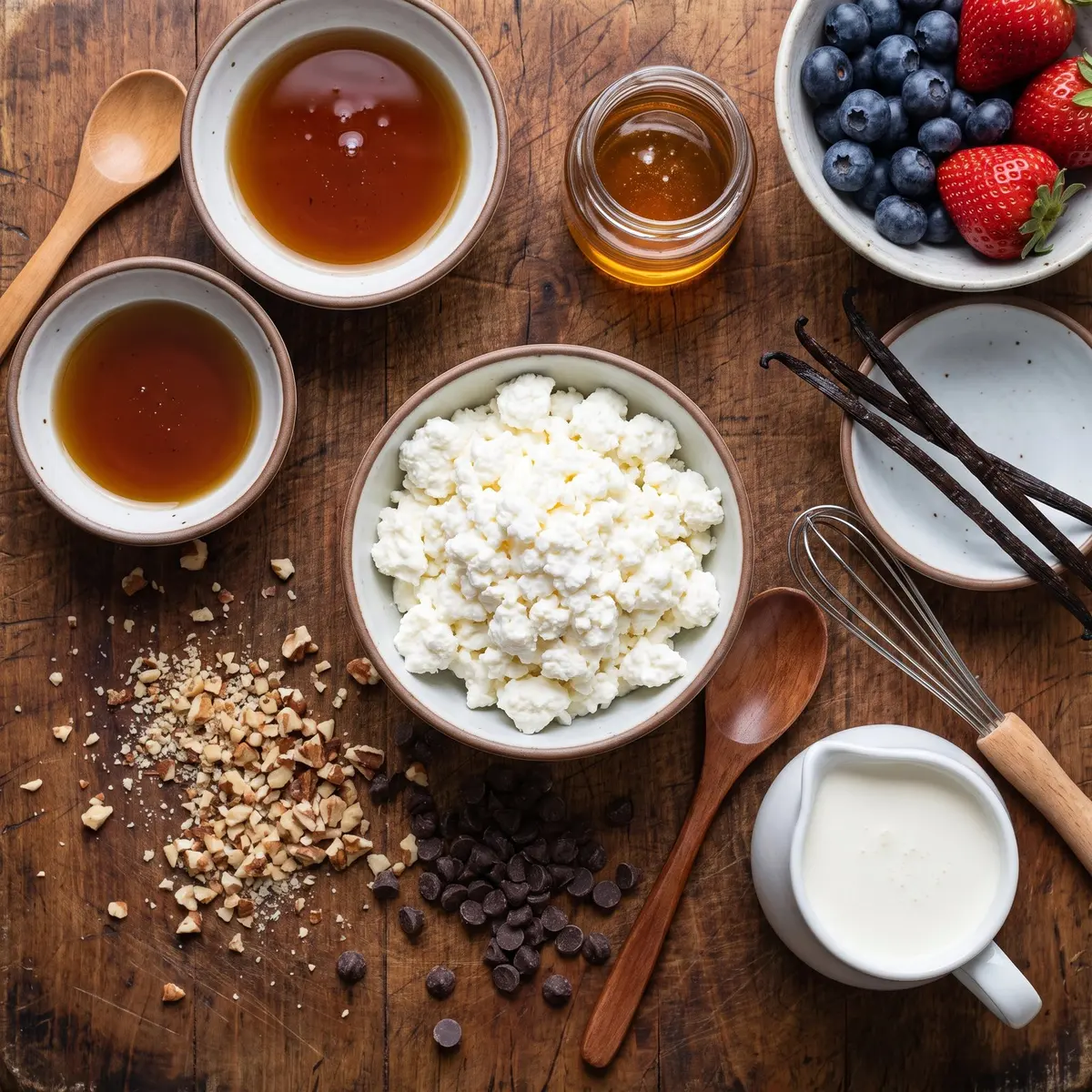 Fresh ingredients for Cottage Cheese Ice Cream arranged on a wood cutting board