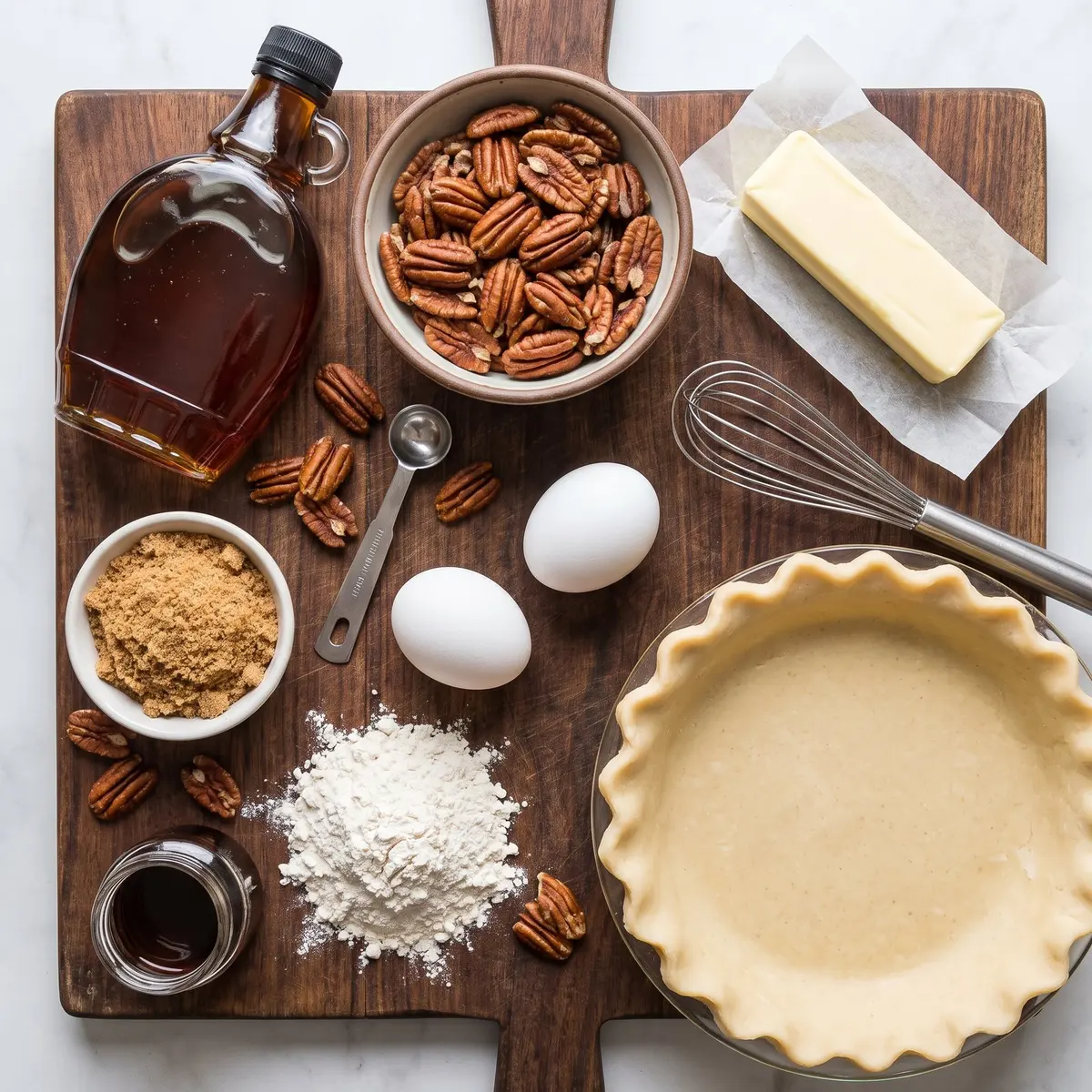 Fresh ingredients for Maple Pecan Pie arranged on a wood cutting board