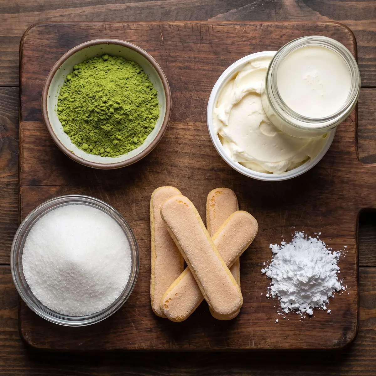 Fresh ingredients for Matcha Tiramisu arranged on a wood cutting board