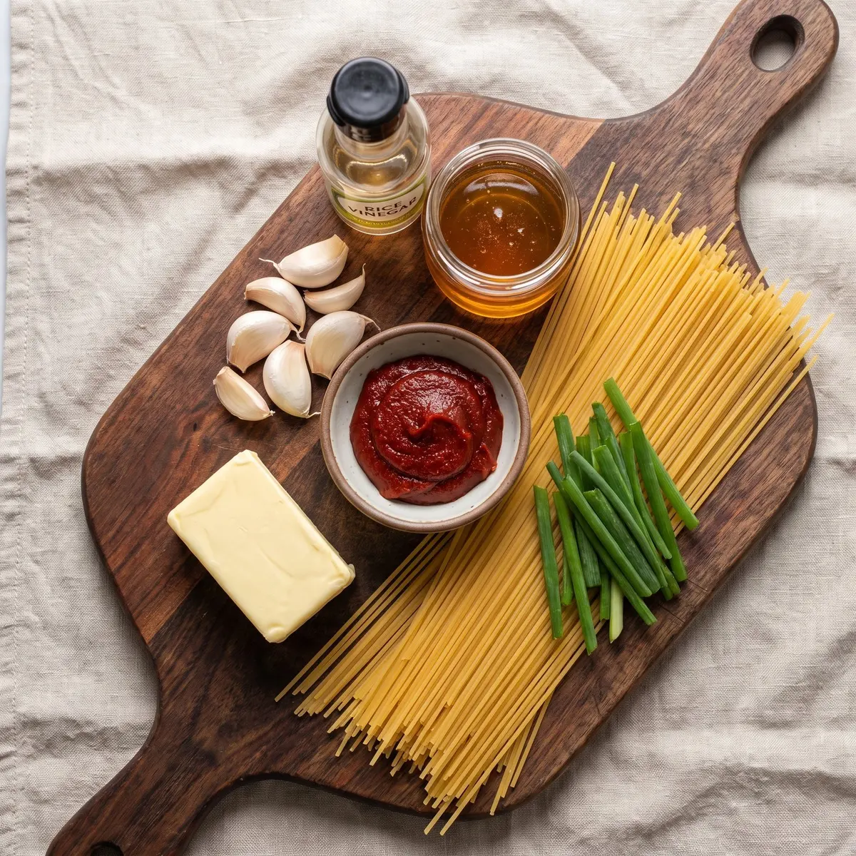 Fresh ingredients for Gochujang Butter Noodles arranged on a wood cutting board