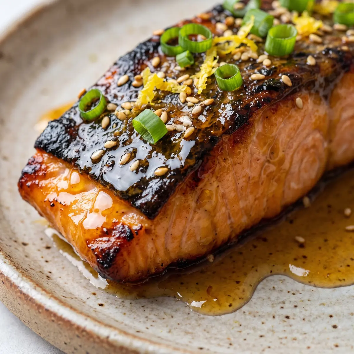 A close-up detail of Yuzu Honey Salmon