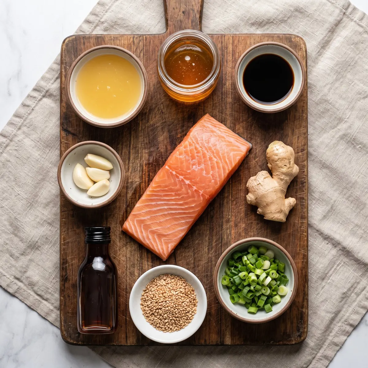 Fresh ingredients for Yuzu Honey Salmon arranged on a wood cutting board