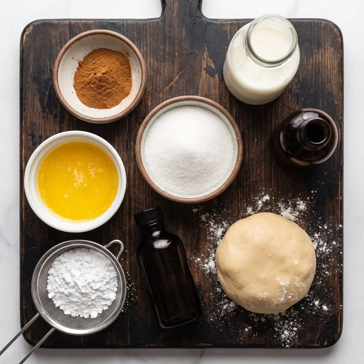 Fresh ingredients for Cinnamon Roll Cookies arranged on a wood cutting board