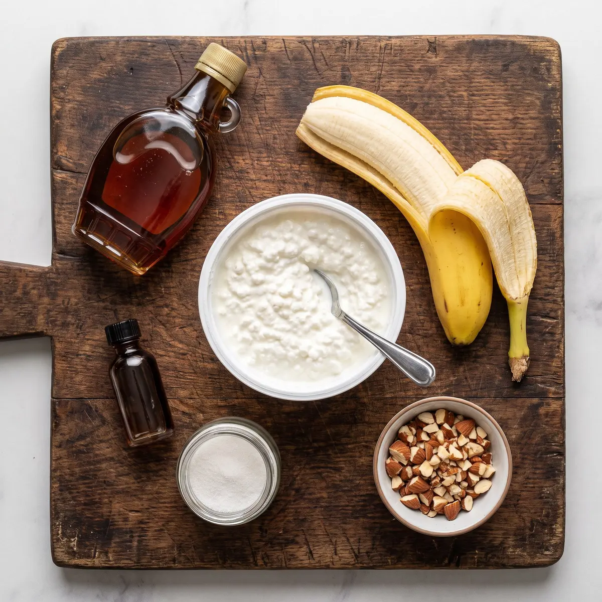 Fresh ingredients for Cottage Cheese Ice Cream arranged on a wood cutting board