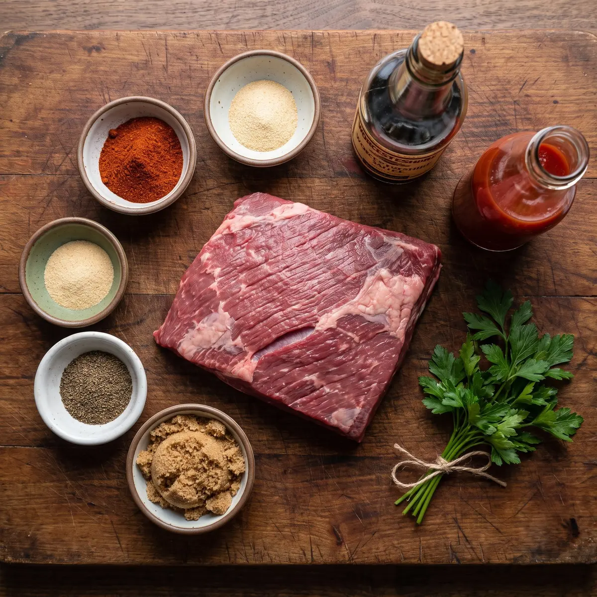 Fresh ingredients for Crock Pot BBQ Beef Brisket arranged on a wood cutting board