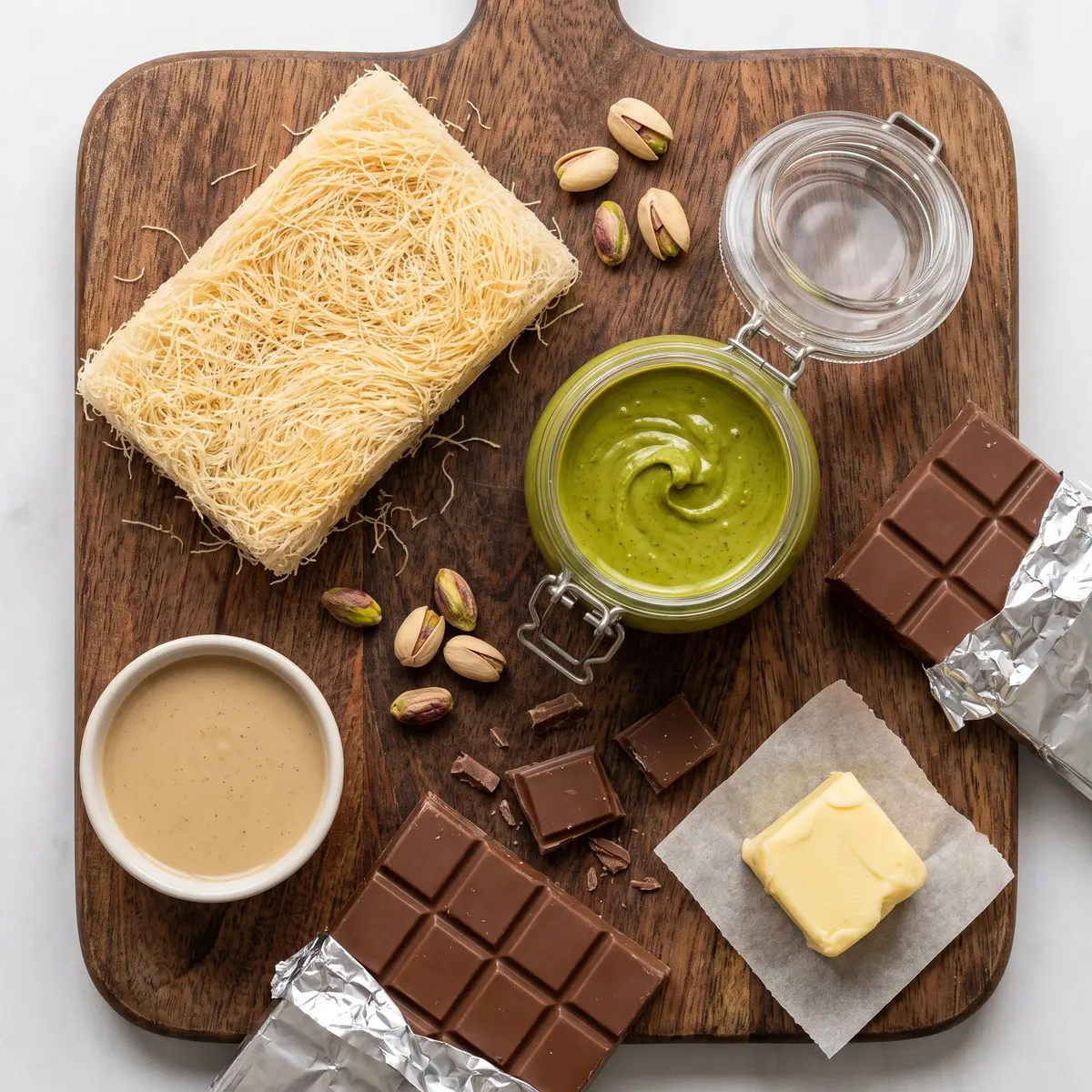 Fresh ingredients for Dubai Chocolate Bars arranged on a wood cutting board